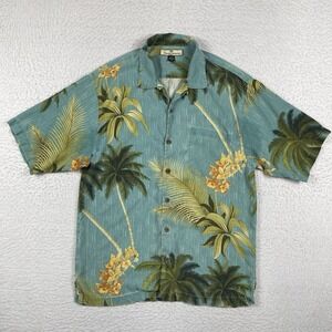 Tommy Bahama Shirt Mens Medium Blue Silk Floral Palms Beach Tropical Loop Collar